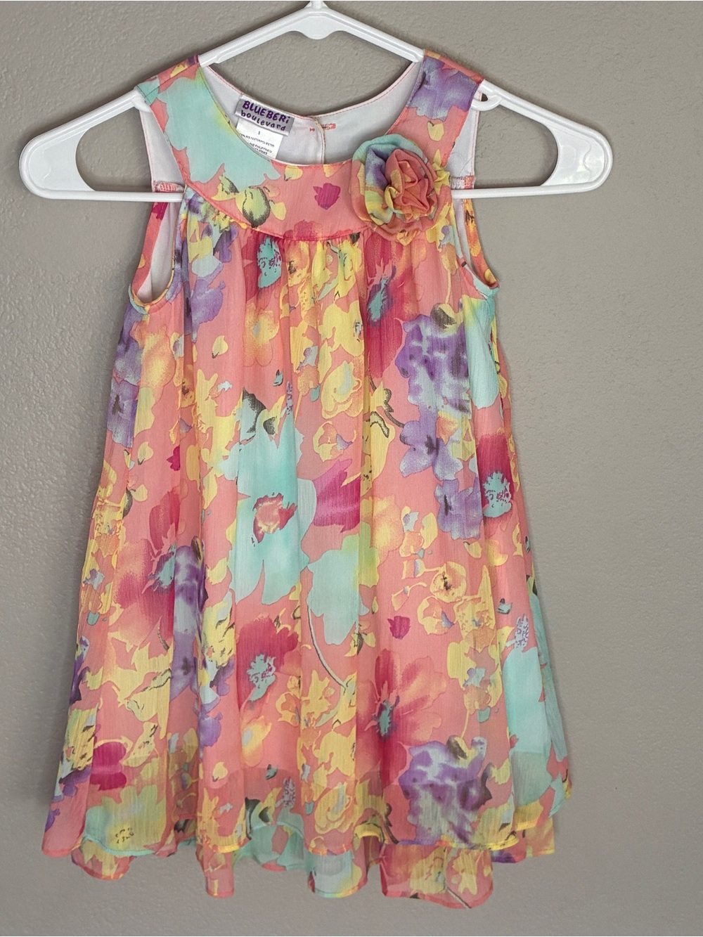 Blueberi Boulevard Coral Floral Chiffon Dress with Rosette Girls Size 5